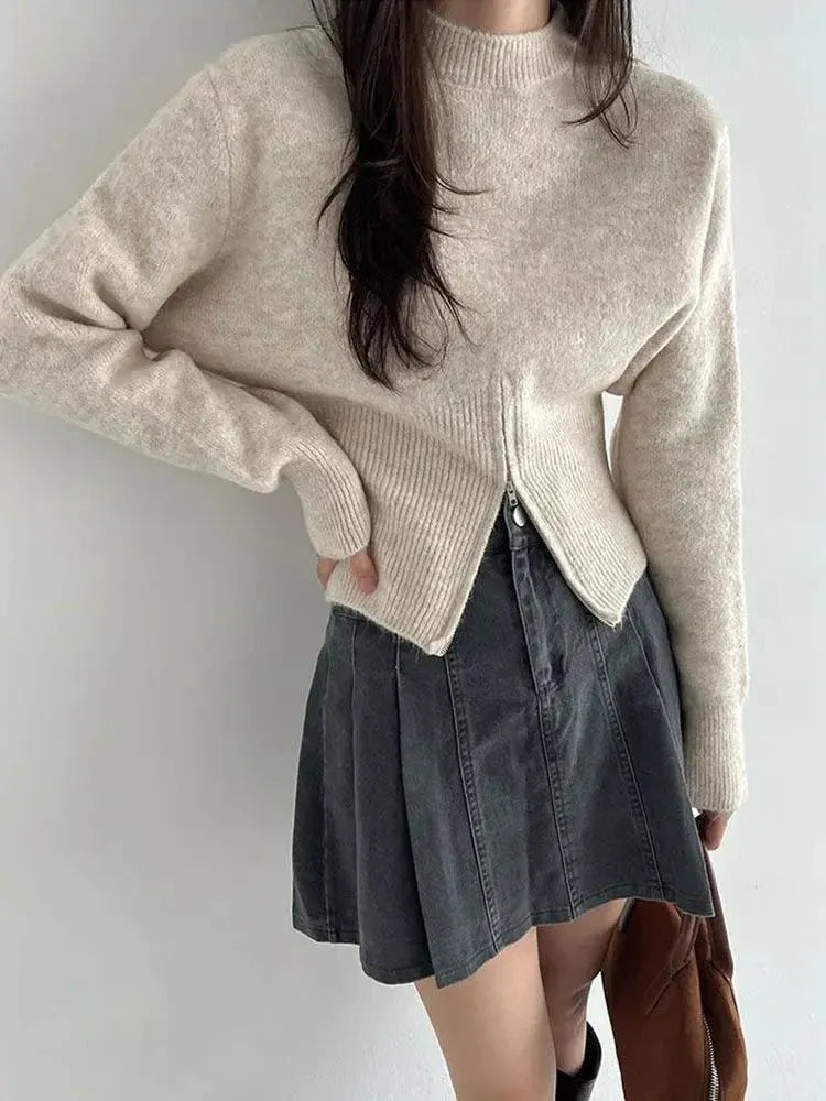 Front Zip Ribbed Knit Mock Neck Sweater for Women