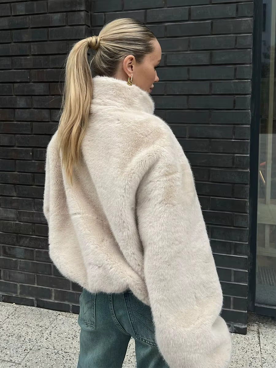 Faux Fur High Neck Zip Up Jacket for Women