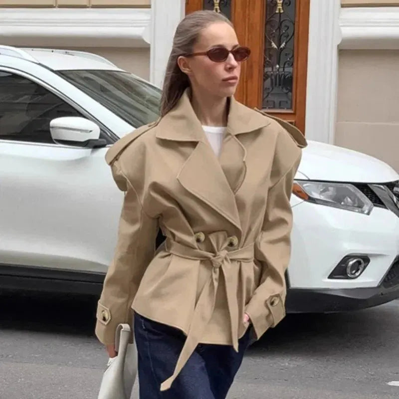 Short Double Breasted Tie-Waist Trench Jacket for Women