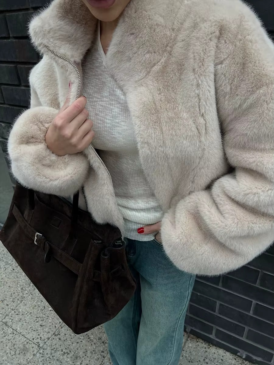 Faux Fur High Neck Zip Up Jacket for Women