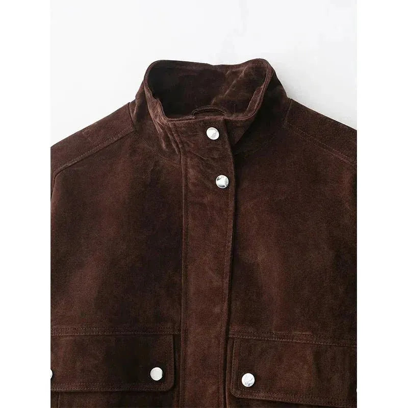 Faux Suede Stand Collar Moto Jacket for Women