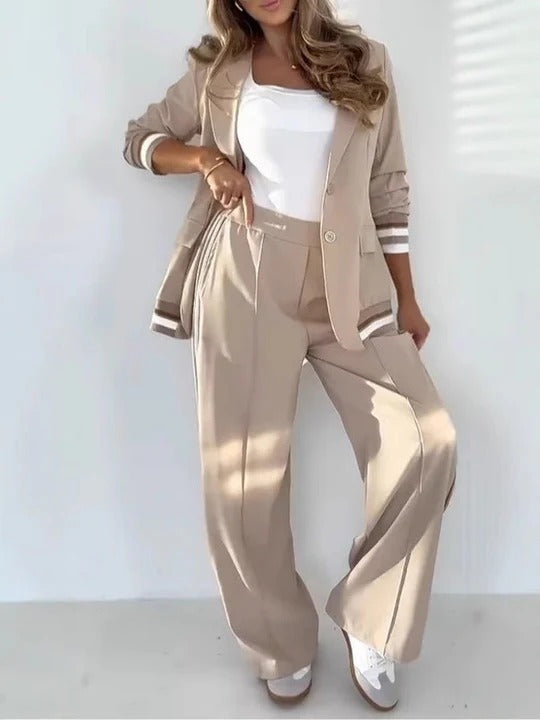 Sporty Blazer with Contrast Striped Wide Leg Pants Set for Women