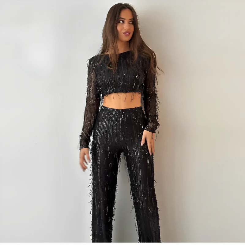 Fringed Sequin High Waisted Crop Top Pants Set for Women