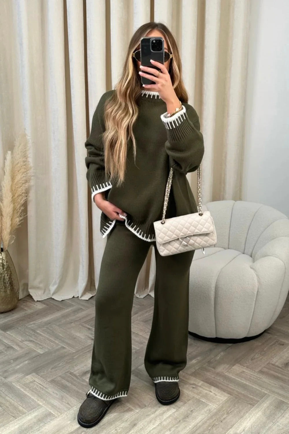 Round Neck Knitted Sweater and Wide Leg Pants Set for Women