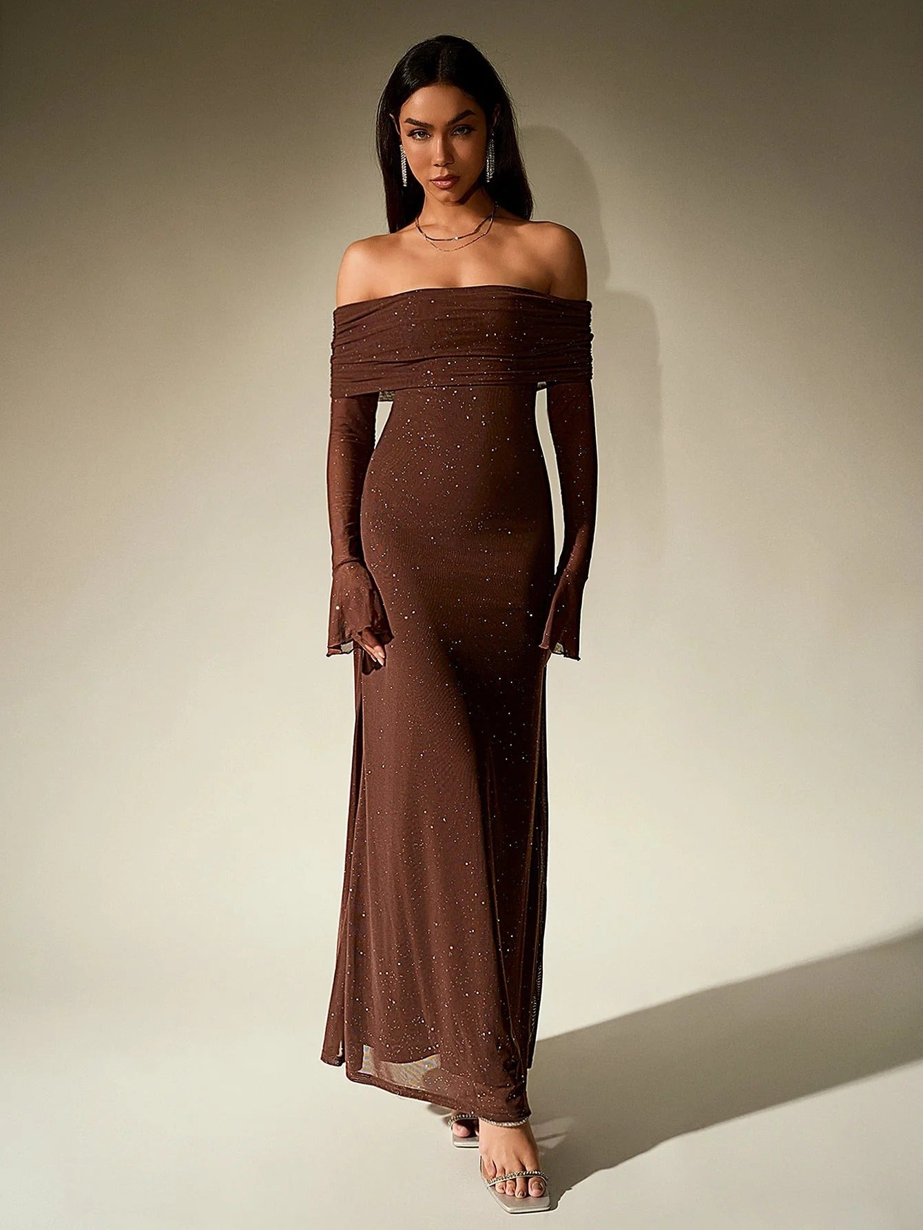 Off Shoulder Glitter Maxi Dress for Women