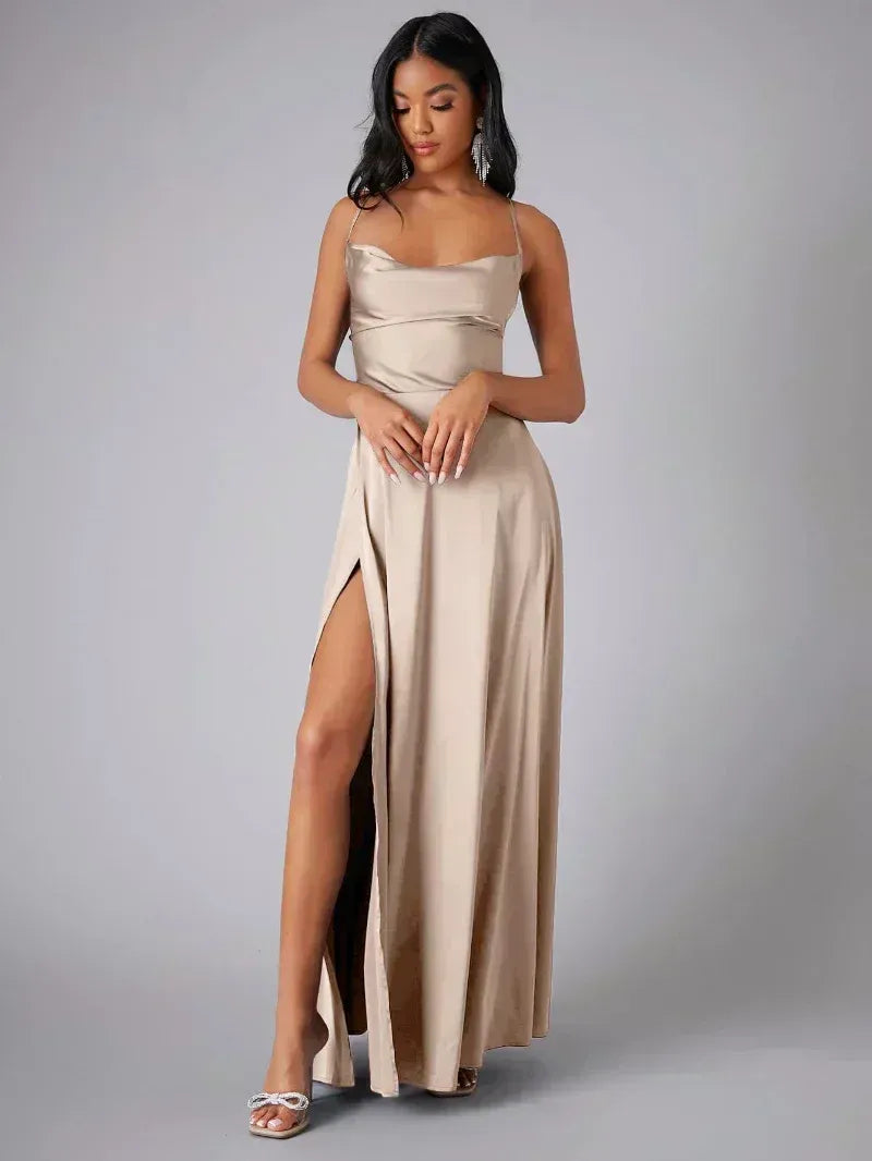 Satin Cowl Neck Backless Slit Maxi Dress for Women