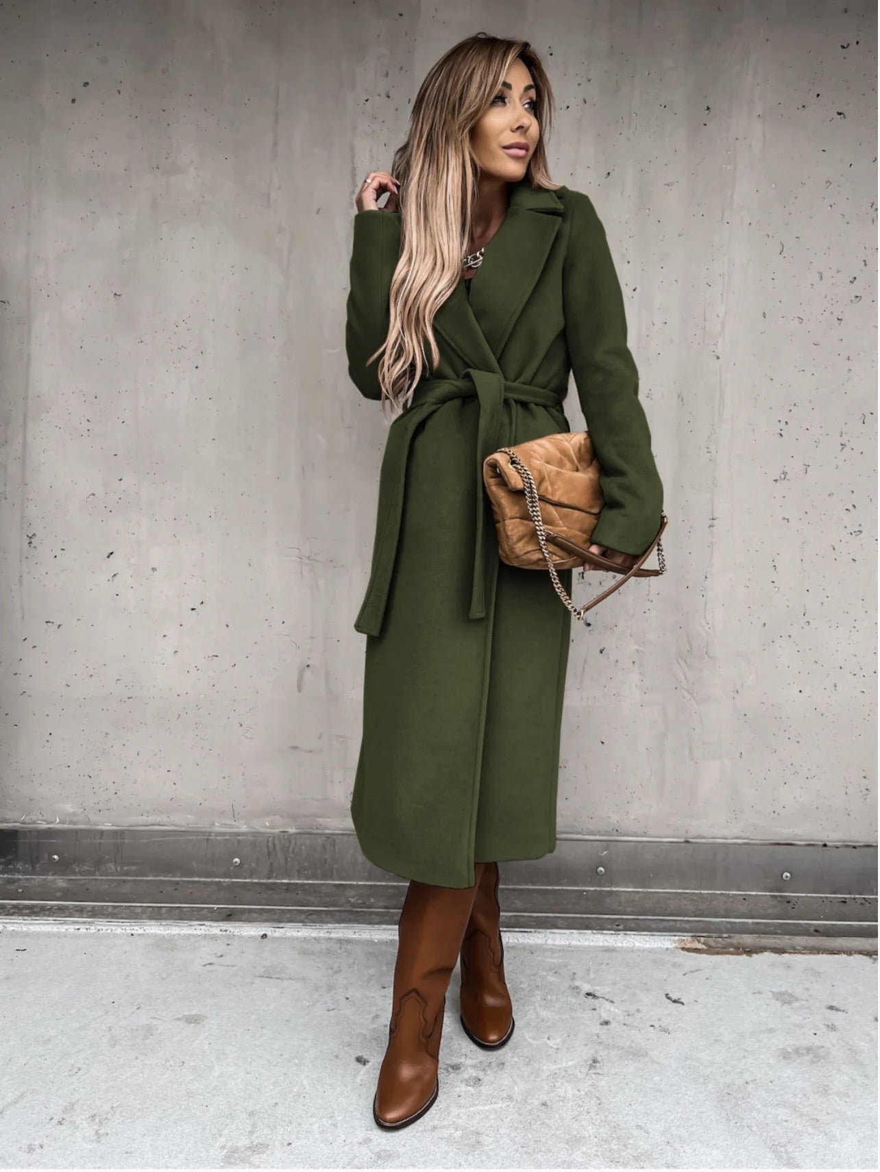Long Winter Coat with Tie Belt for Women