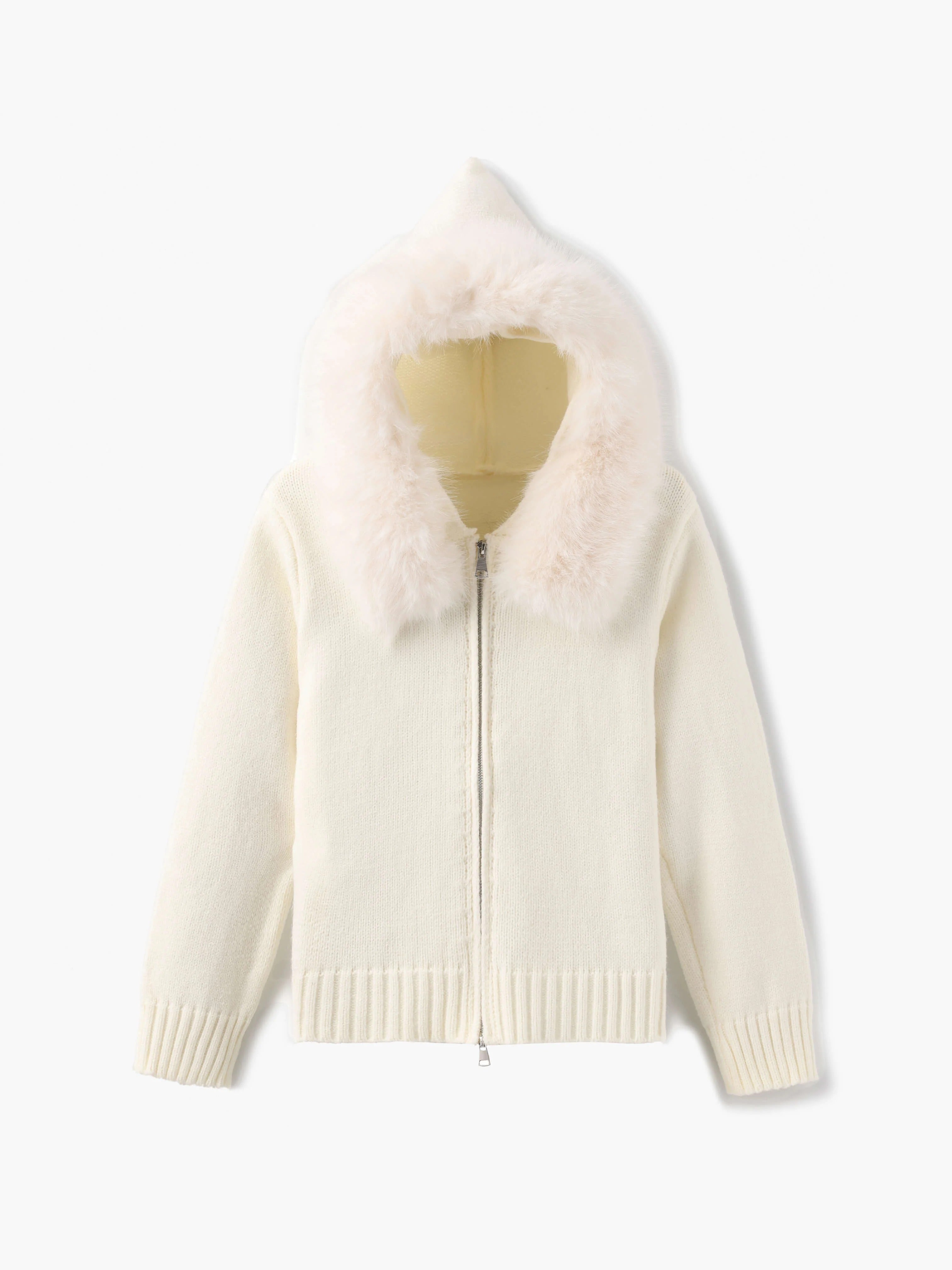 Knitted Zip Up Cardigan with Faux Fur Hood for Women