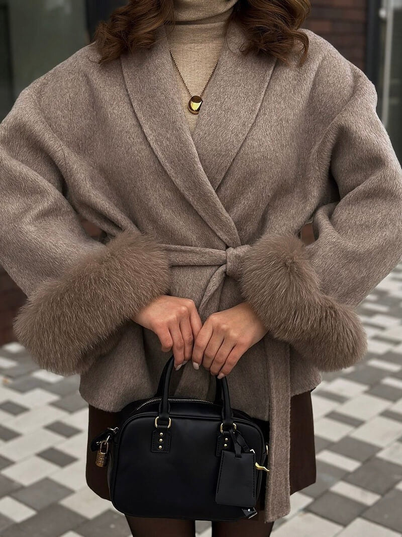 Belted Wrap Coat with Faux Fur Cuffs for Women