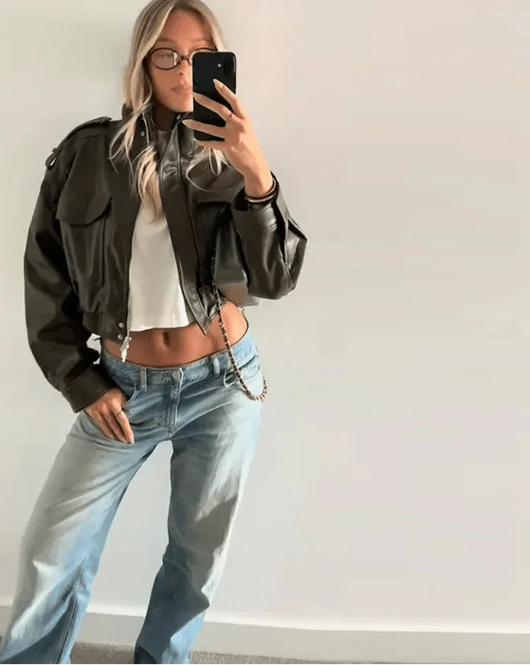 Cropped Faux Leather Bomber Jacket for Women