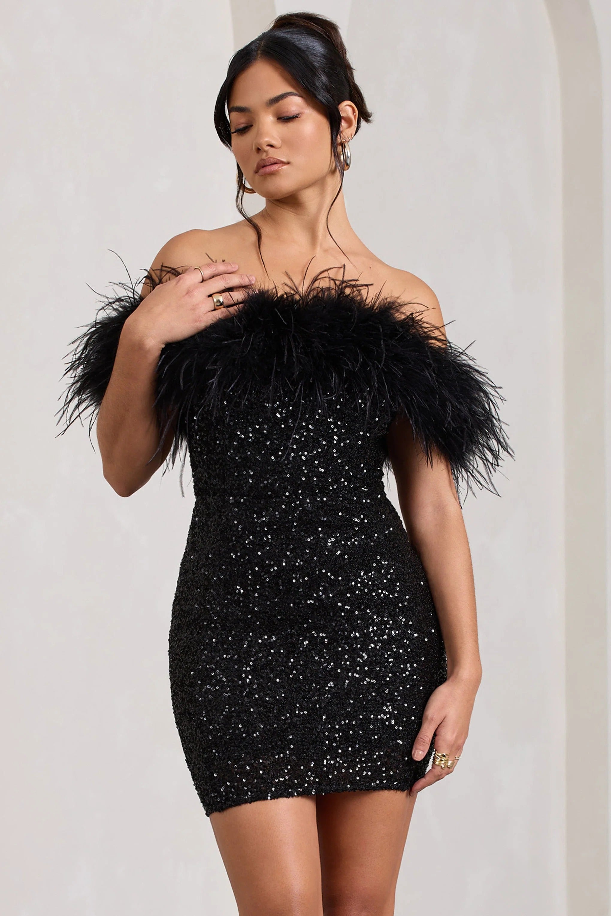 Feather Trim Off Shoulder Sequin Bodycon Mini Dress for Women
