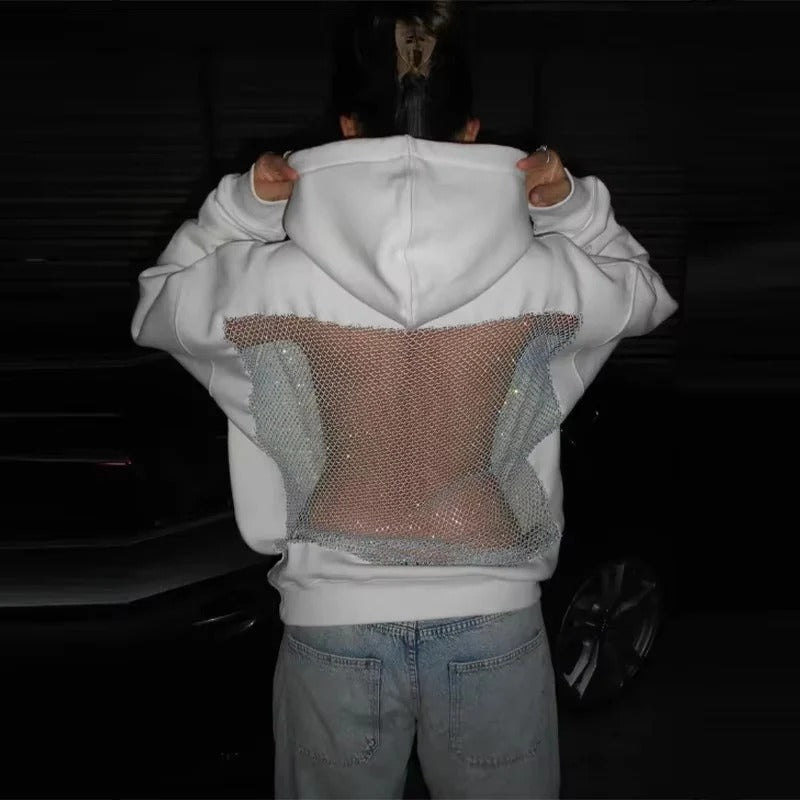 Oversized Mesh Back Net Panel Detail Hoodie for Women