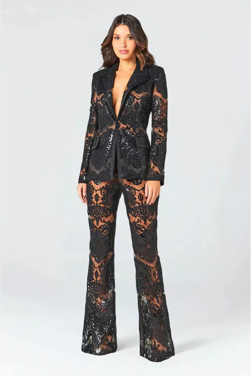 Sequin Lace Set with Blazer and Flared Trouser for Women