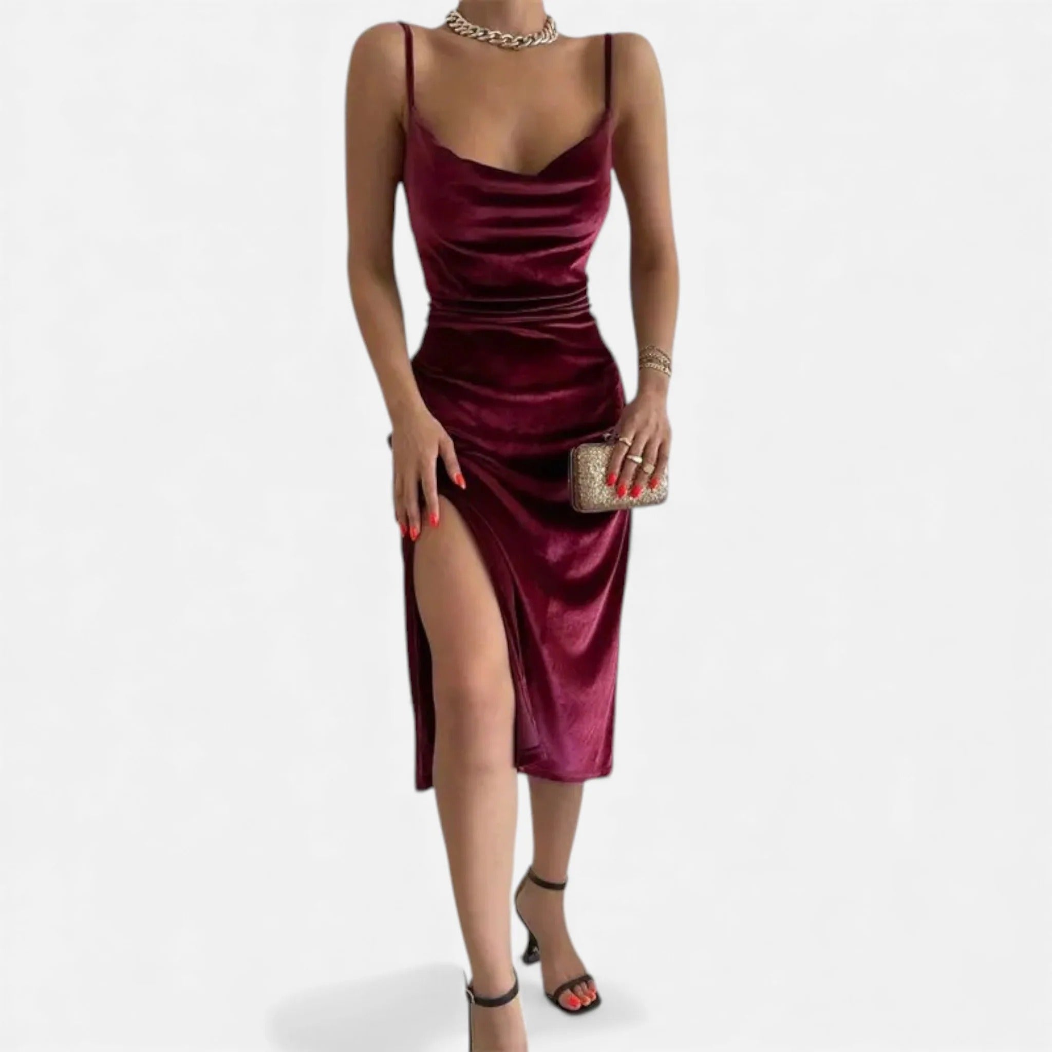 Velvet Cowl Neck Side Slit Maxi Dress for Women