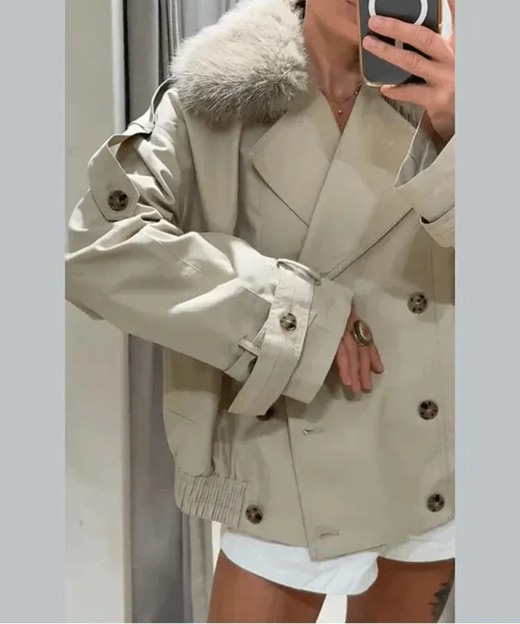 Double Breasted Jacket with Faux Fur Collar for Women