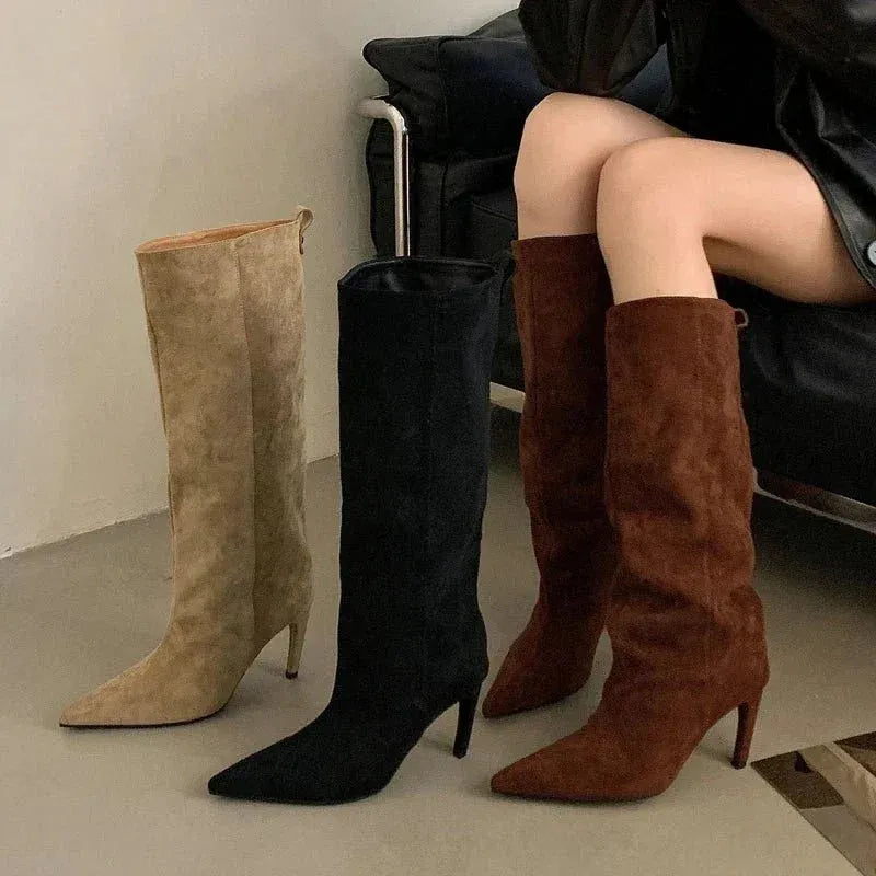 Suede Pointed Toe High Heel Slouch Boots for Women