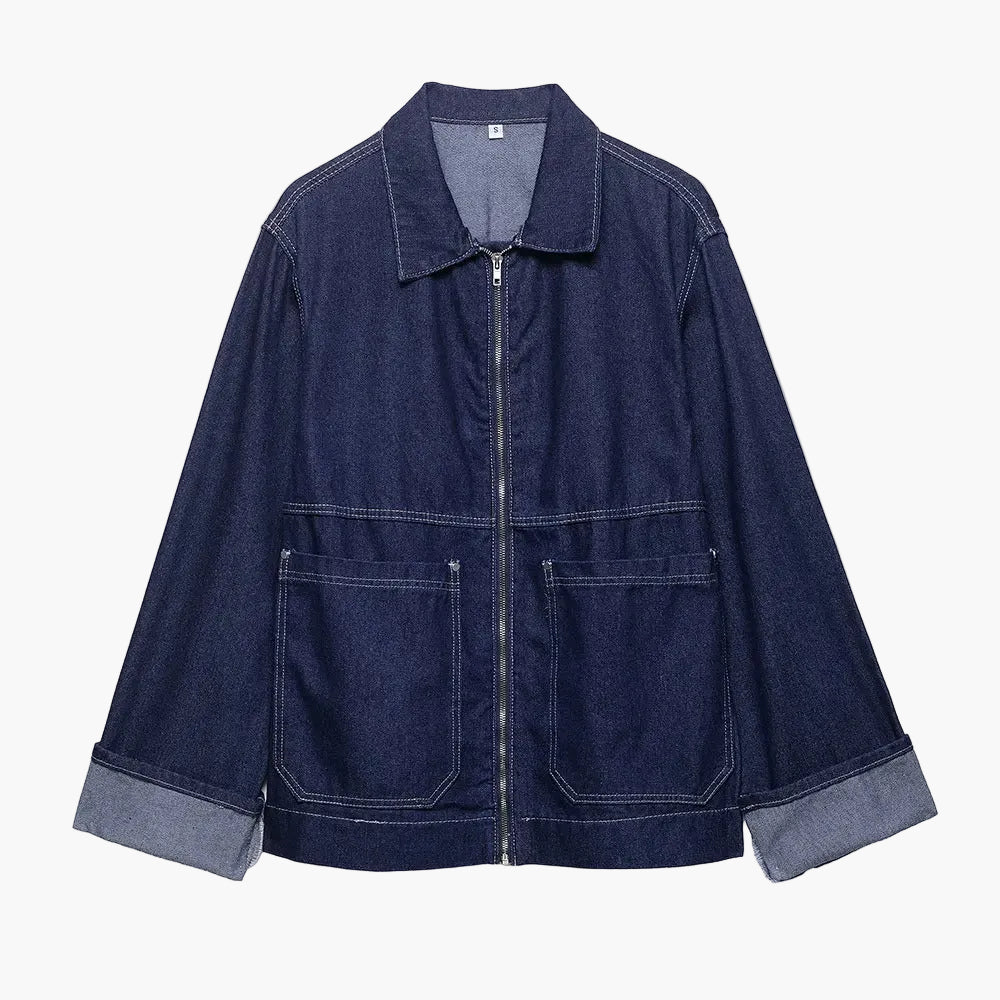 Oversized Zip Up Denim Jacket for Women