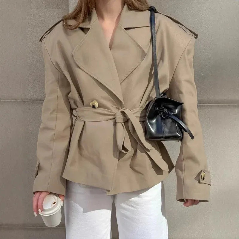 Short Double Breasted Tie-Waist Trench Jacket for Women