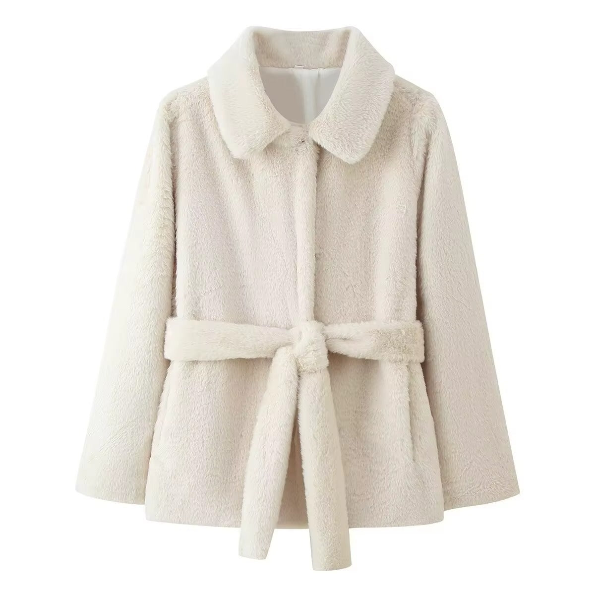 Faux Fur Belted Coat with Collar for Women