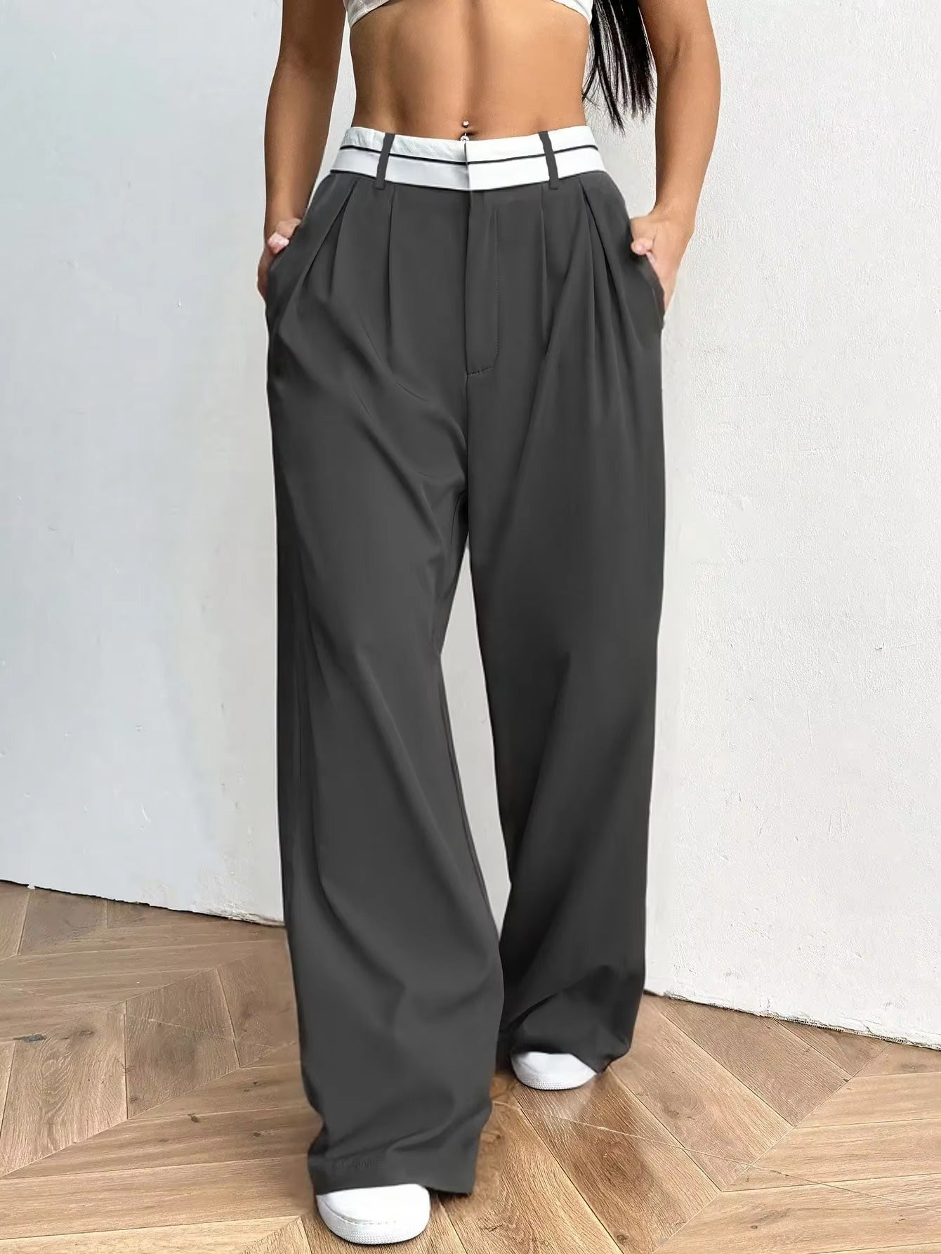 Wide Leg Trousers with Contrast Waistband for Women