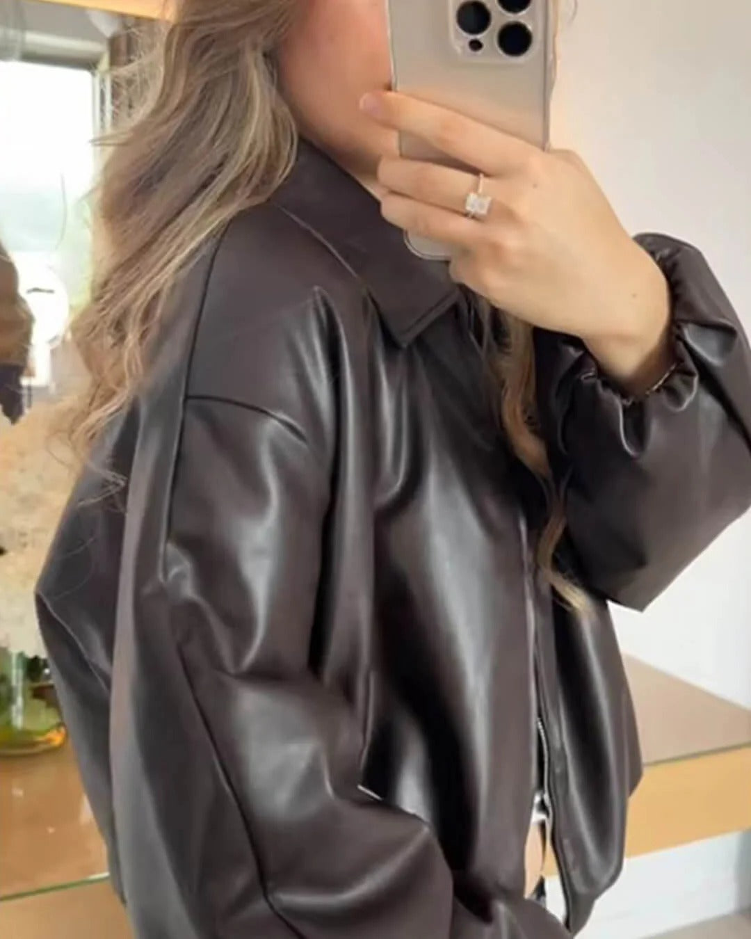 Oversized Short Leather Bomber Jacket for Women