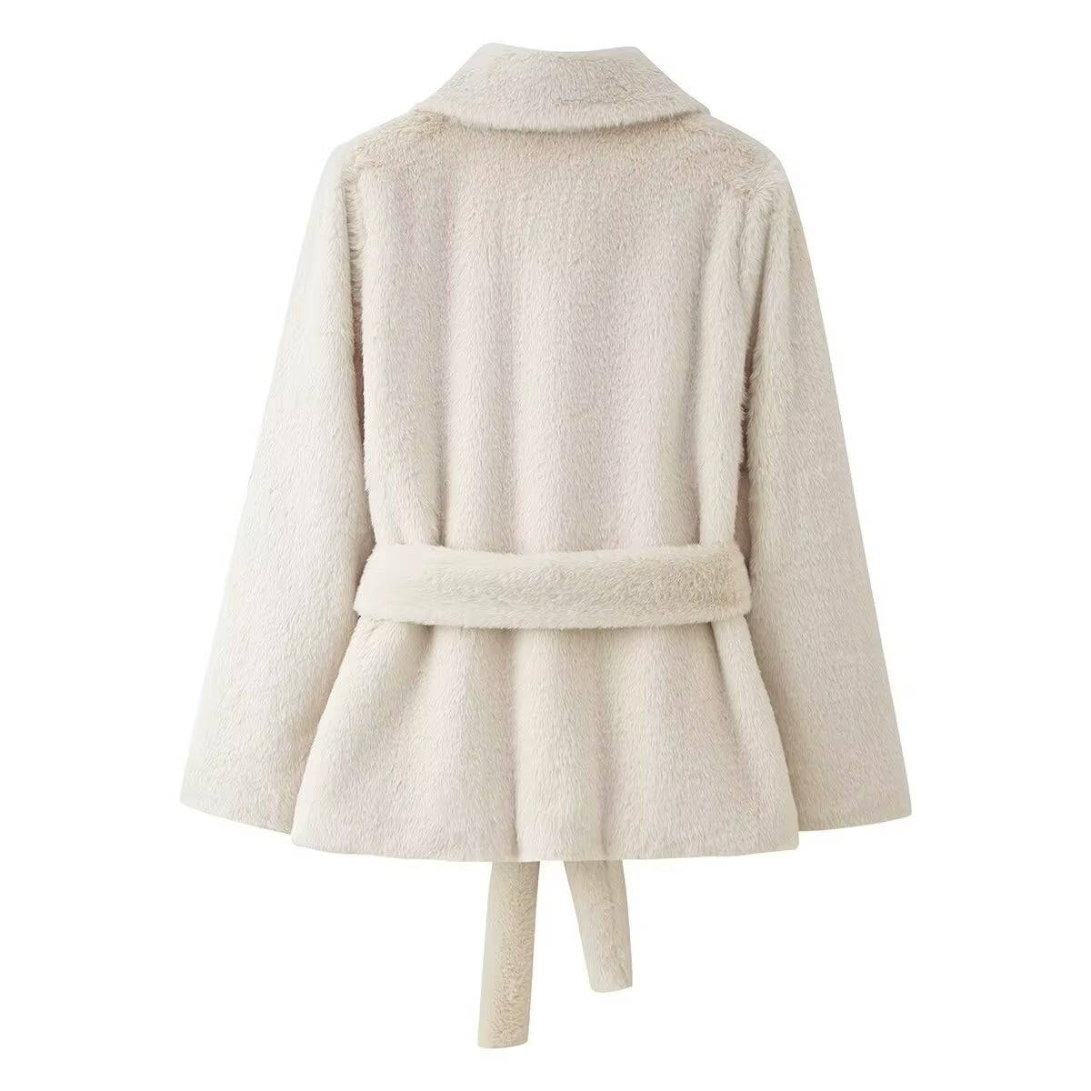 Faux Fur Belted Coat with Collar for Women