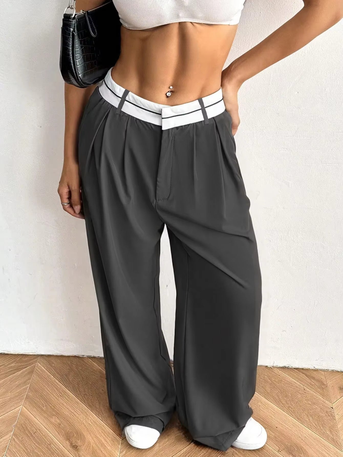 Wide Leg Trousers with Contrast Waistband for Women
