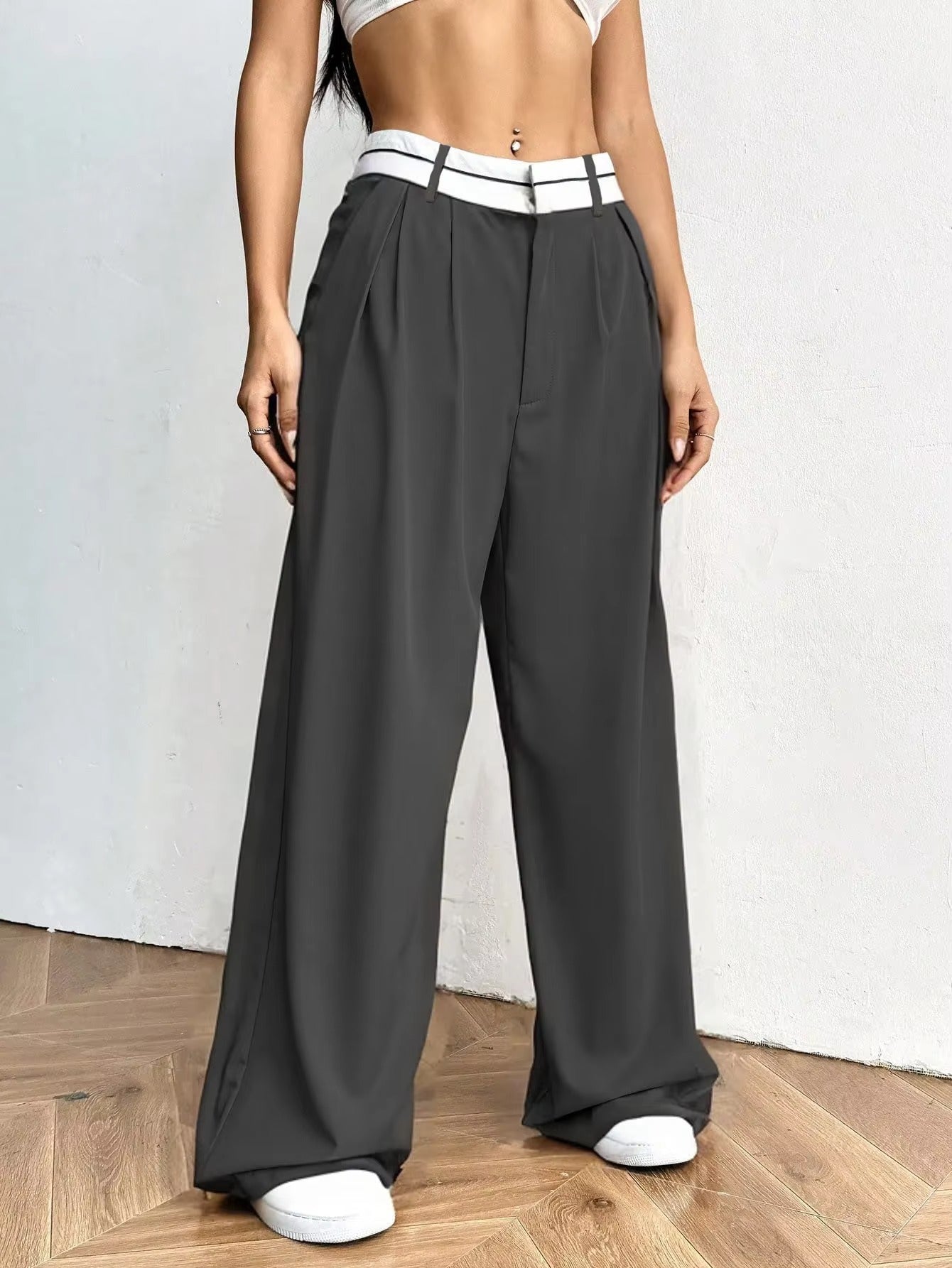 Wide Leg Trousers with Contrast Waistband for Women