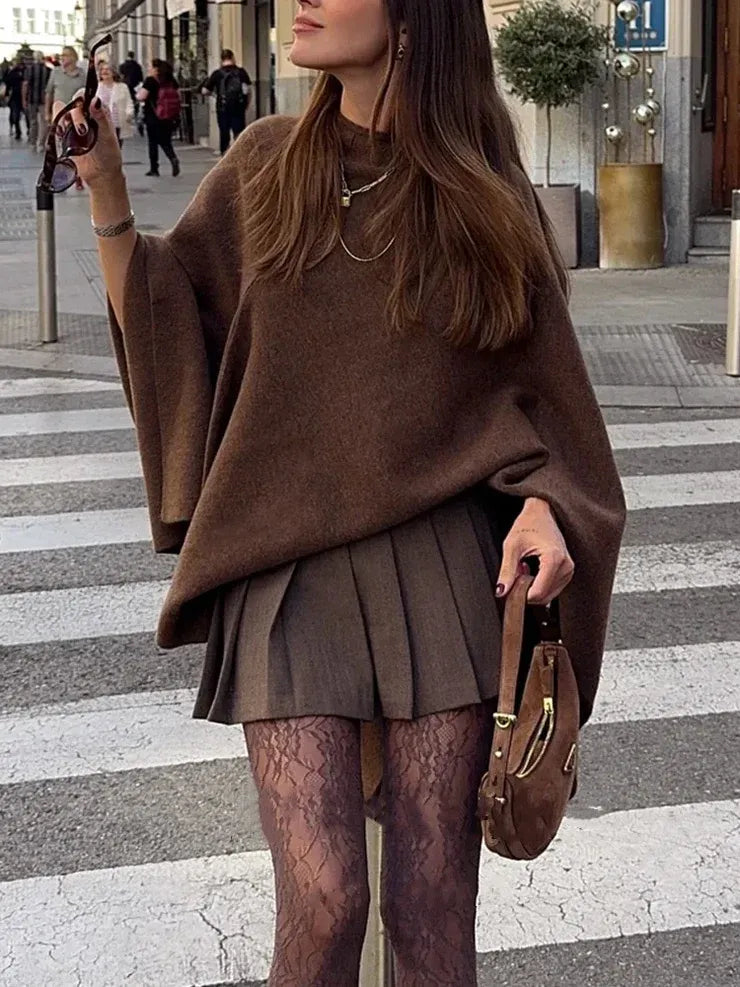 Oversized Crew Neck Knit Poncho for Women