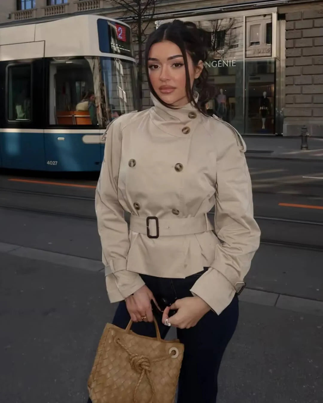 Belted Short Trench Jacket with Tie-Waist for Women