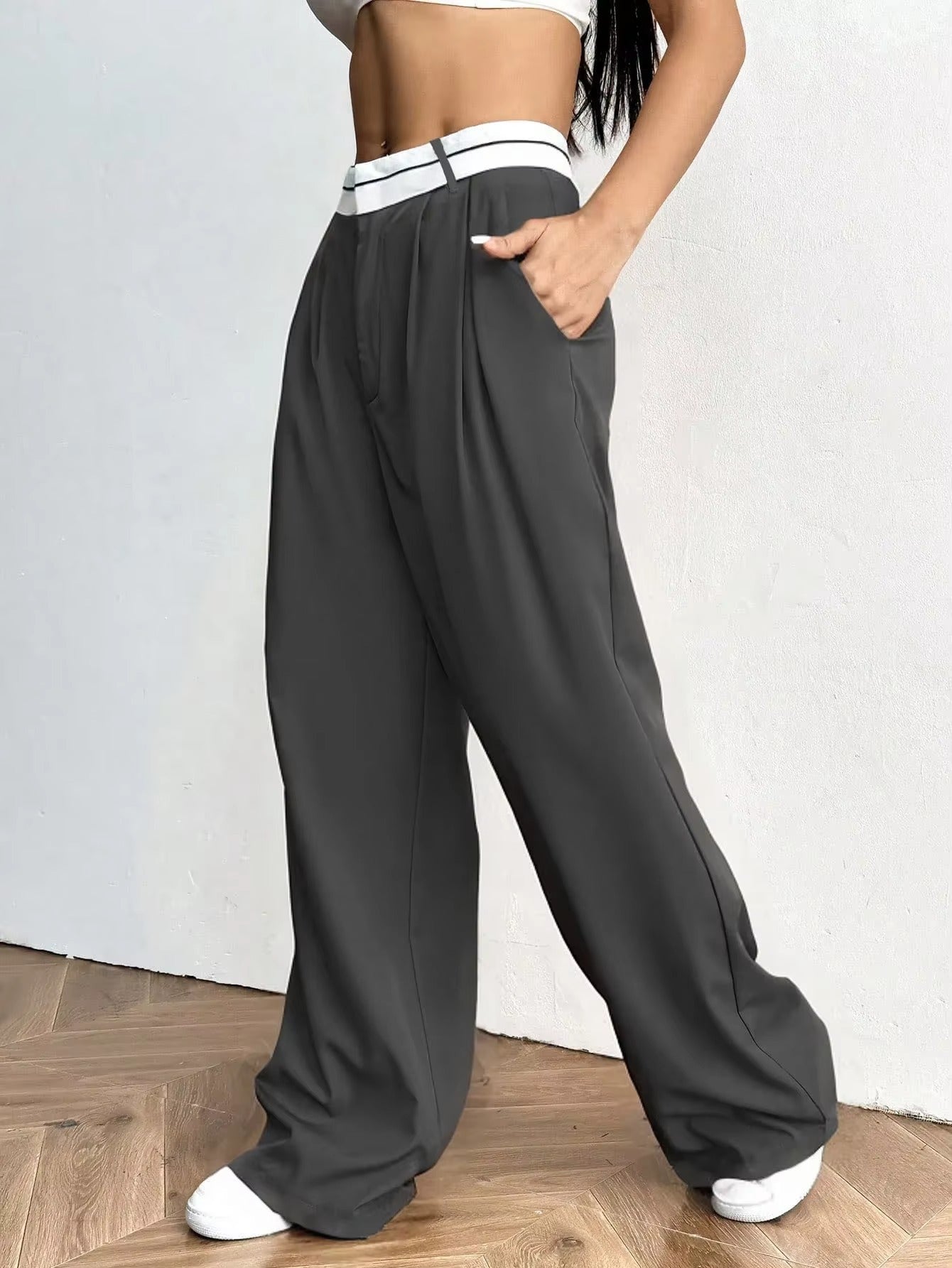 Wide Leg Trousers with Contrast Waistband for Women
