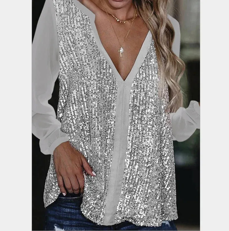 Sequin Chiffon Sleeve V-Neck Blouse for Women