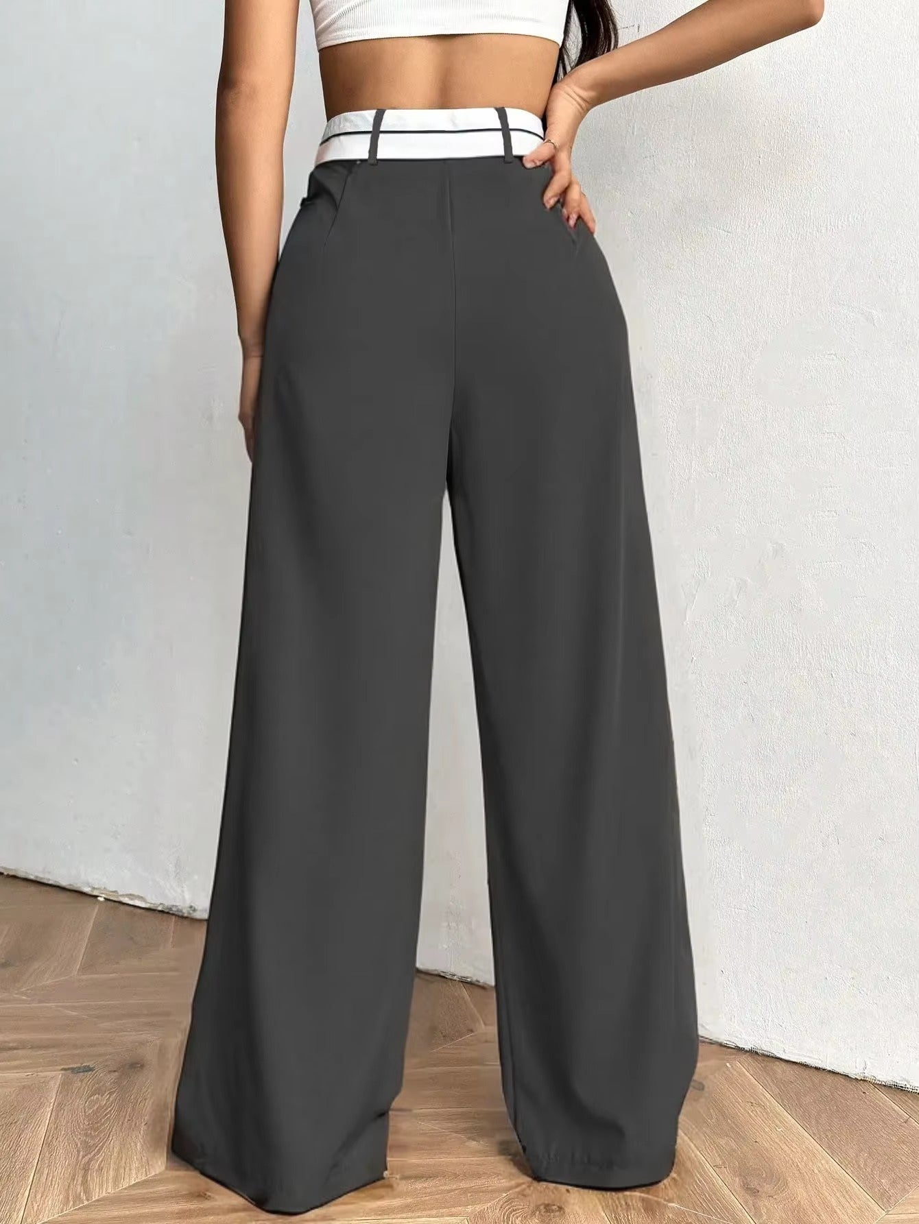 Wide Leg Trousers with Contrast Waistband for Women