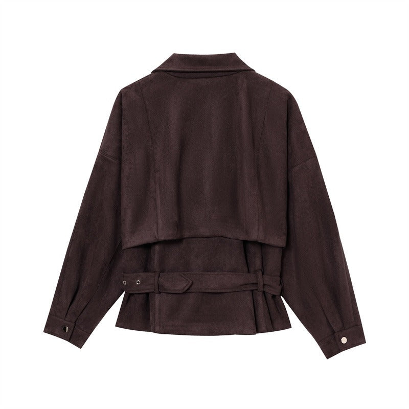 Faux Suede Belted Biker Jacket for Women