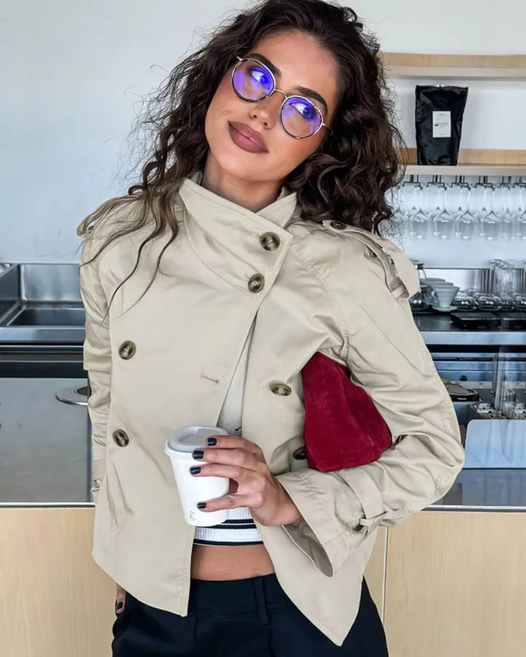 Belted Short Trench Jacket with Tie-Waist for Women