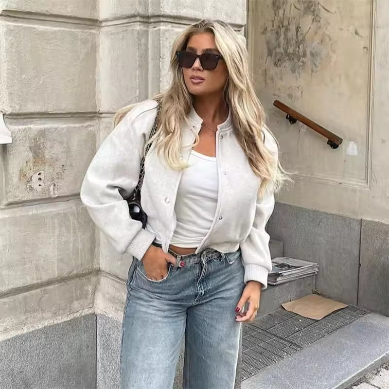 Cropped Ribbed Trim Bomber Jacket for Women