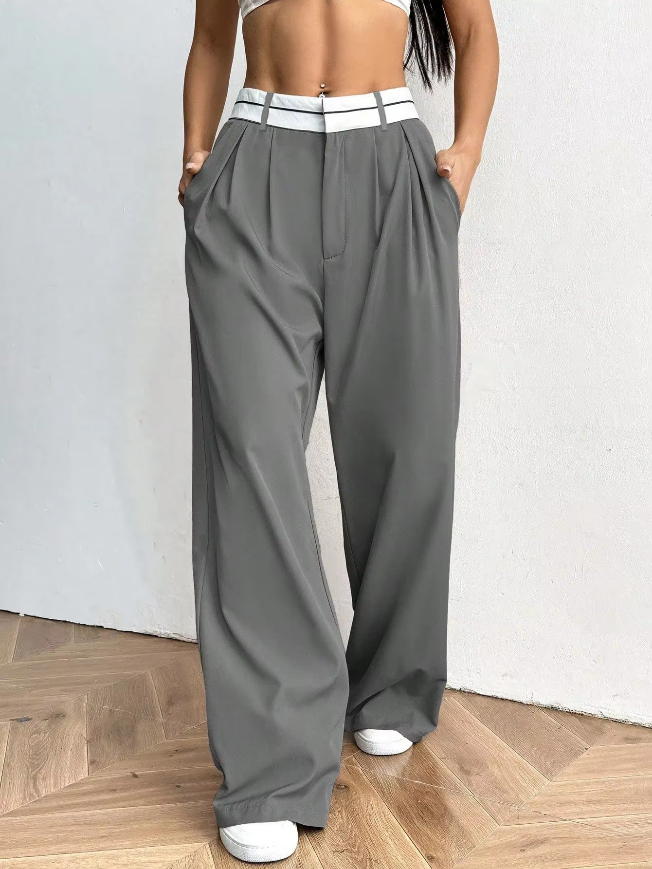 Wide Leg Trousers with Contrast Waistband for Women