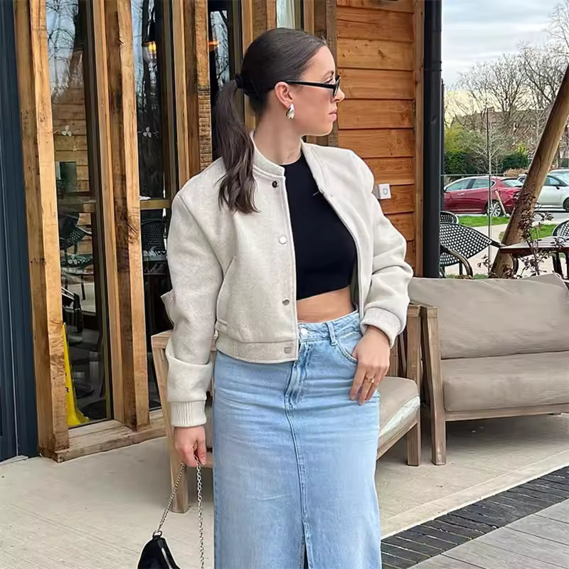 Cropped Ribbed Trim Bomber Jacket for Women