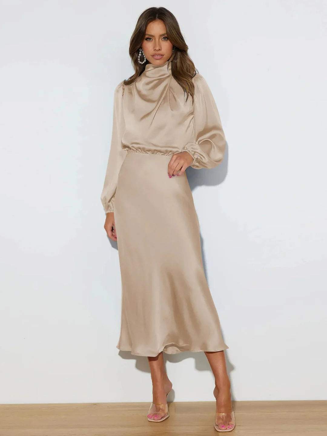 Satin Draped High Neck Long Sleeve Midi Dress for Women
