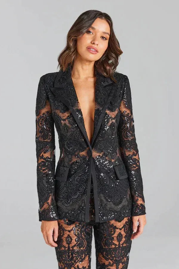 Sequin Lace Set with Blazer and Flared Trouser for Women