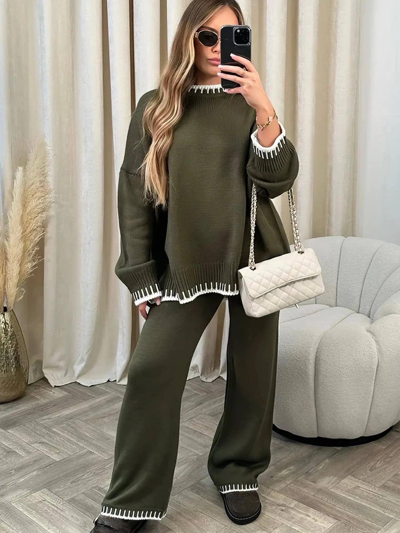 Round Neck Knitted Sweater and Wide Leg Pants Set for Women