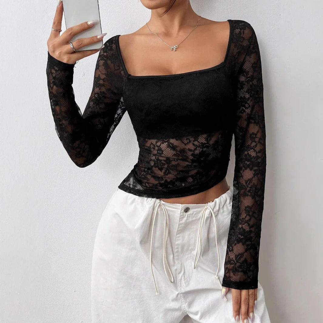 Long Sleeve Square Neck Lace Top for Women