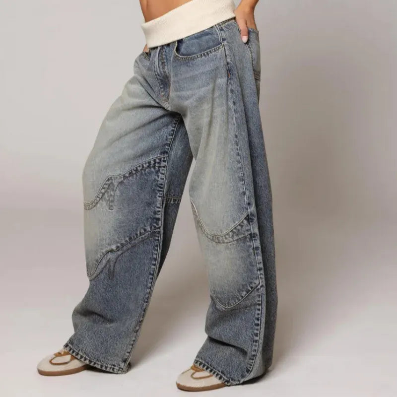 Waistband Baggy Wide Leg Jeans for Women