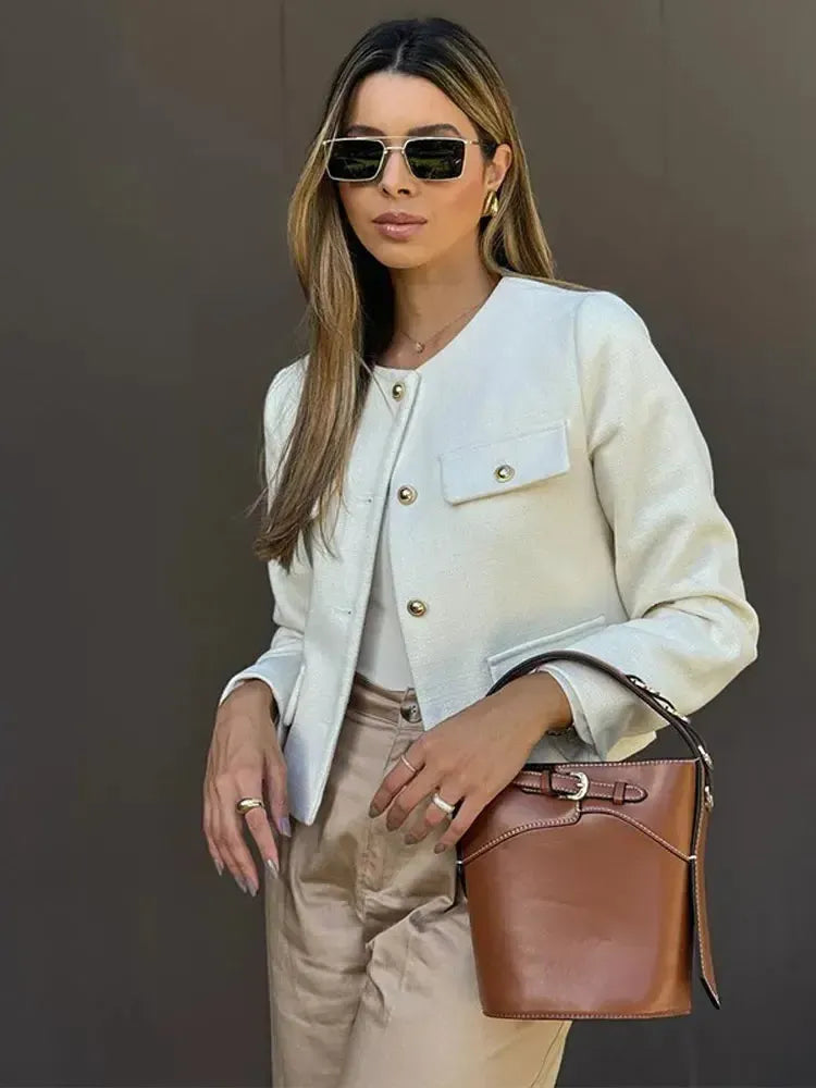Cropped Textured Button-Up Jacket for Women