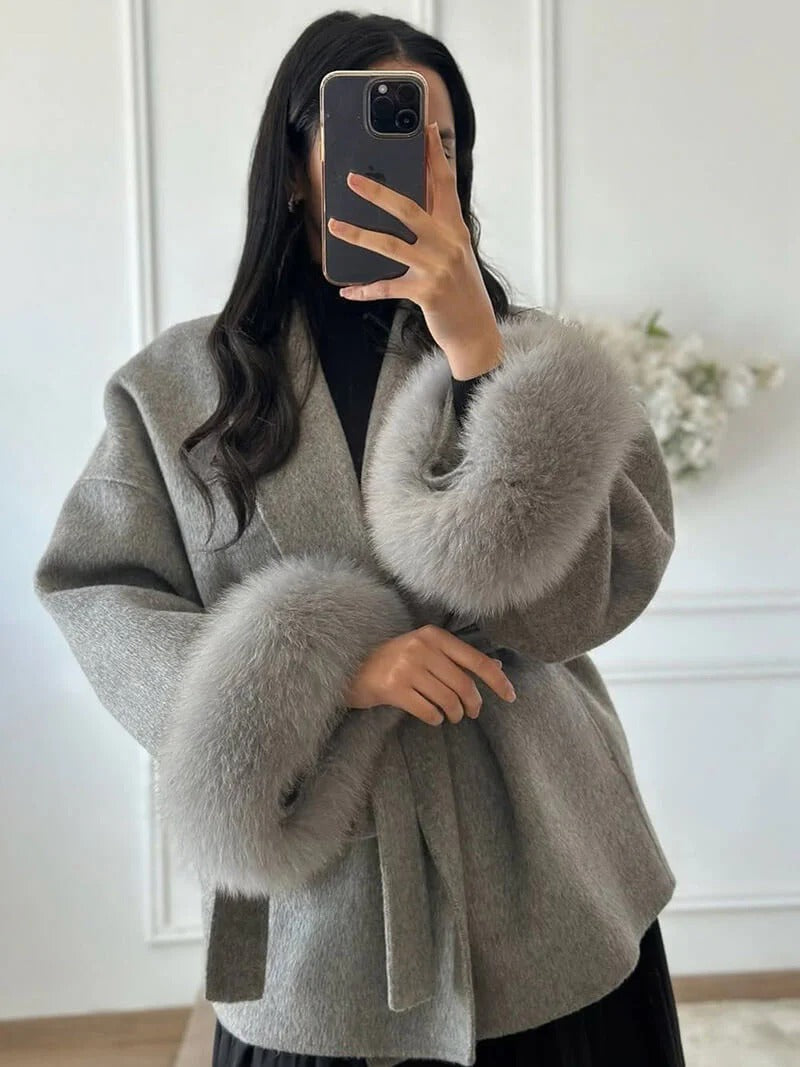Belted Wrap Coat with Faux Fur Cuffs for Women