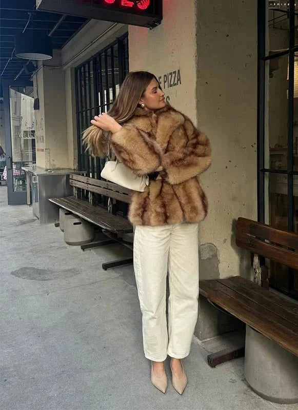 Faux Fur Coat with Wide Lapel Collar for Women