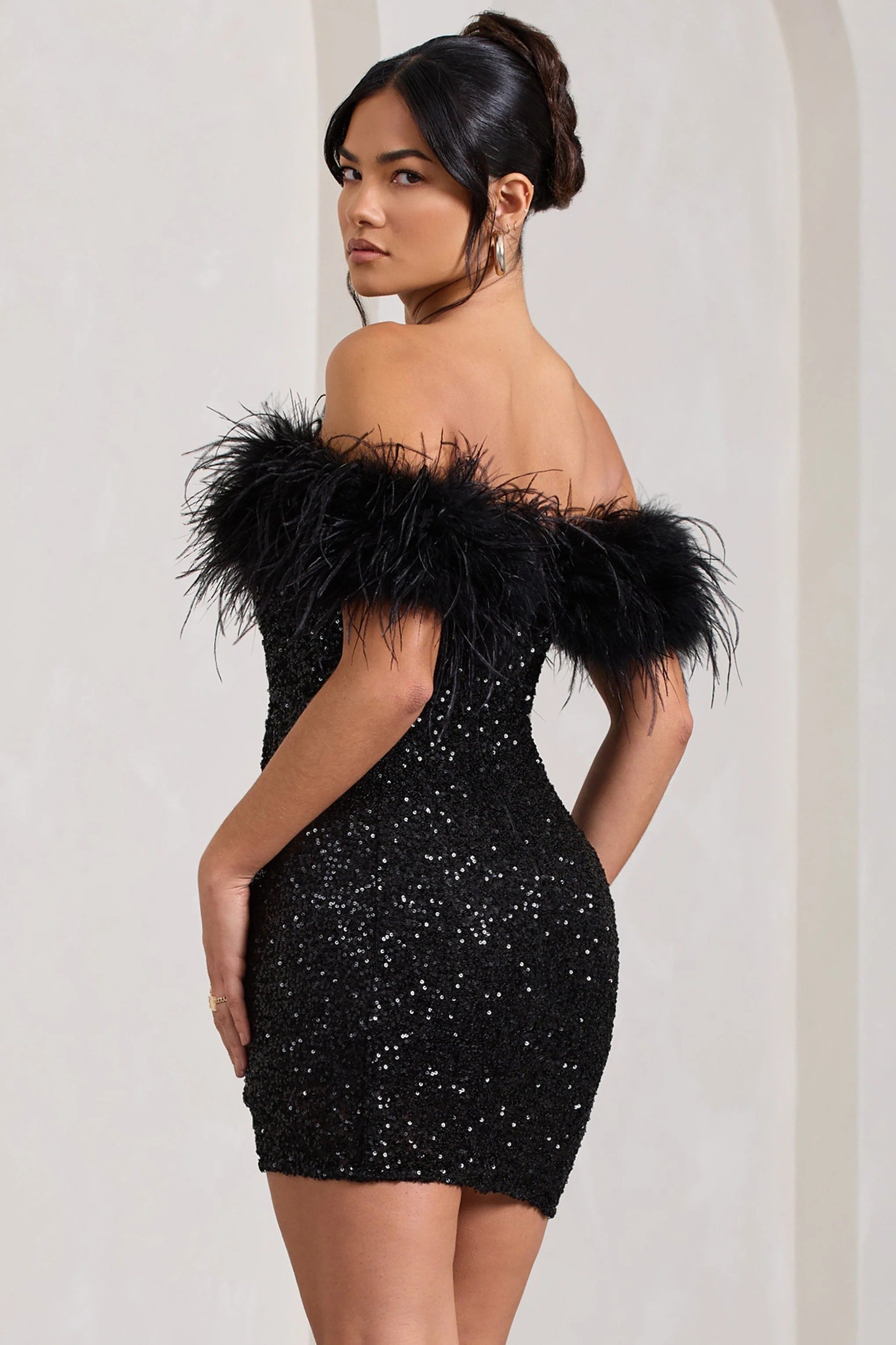Feather Trim Off Shoulder Sequin Bodycon Mini Dress for Women