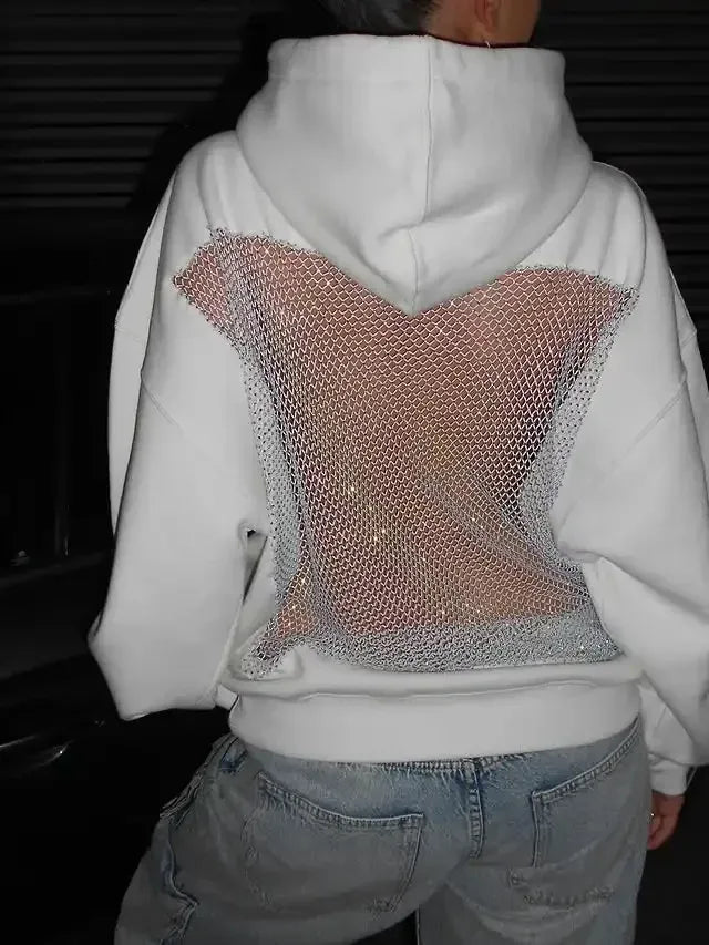 Oversized Mesh Back Net Panel Detail Hoodie for Women