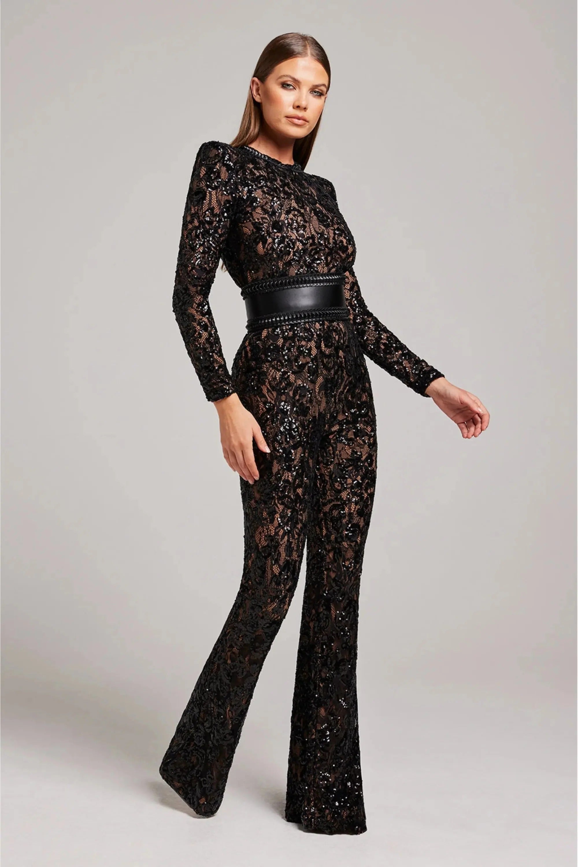 Sequin Lace Long Sleeve Round Neck Flared Jumpsuit for Women