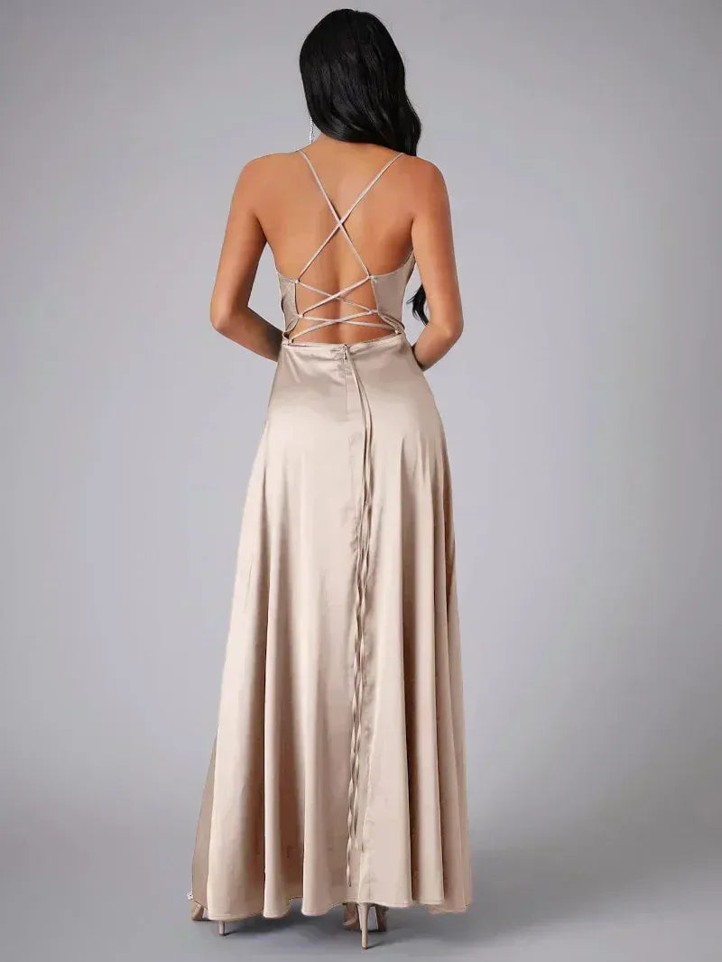 Satin Cowl Neck Backless Slit Maxi Dress for Women